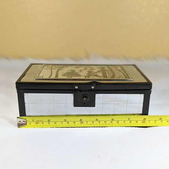RARE Art Deco Silhouette Wood And Chrome Plated Metal Jewelry Box Vintage